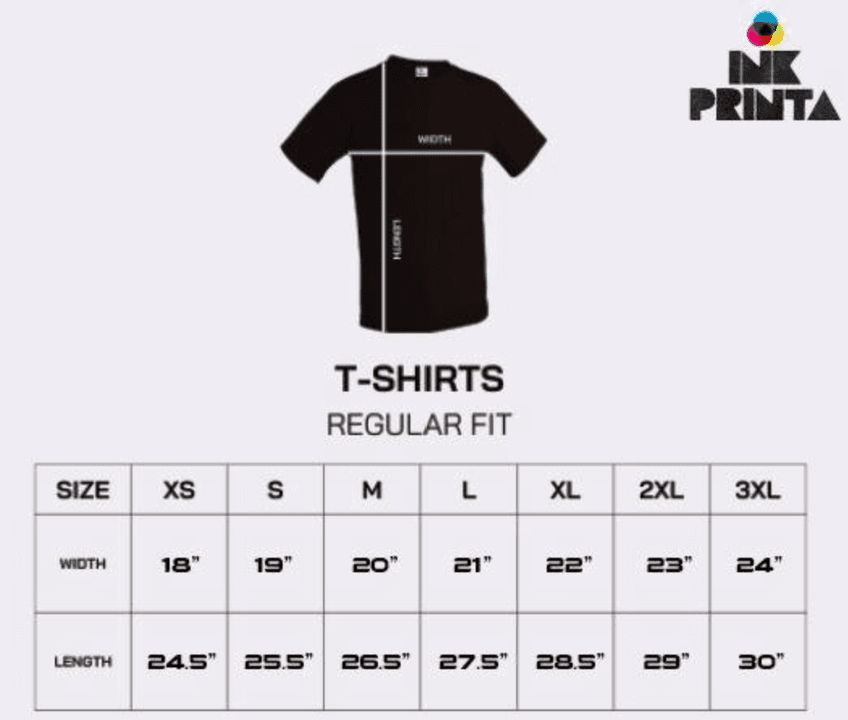 Regular-fit T-shirt size chart in inches. Width: XS 18, S 19, M 20, L 21, XL 22, 2XL 23, 3XL 24. Length: XS 24.5, S 25.5, M 26.5, L 27.5, XL 28.5, 2XL 29, 3XL 30.